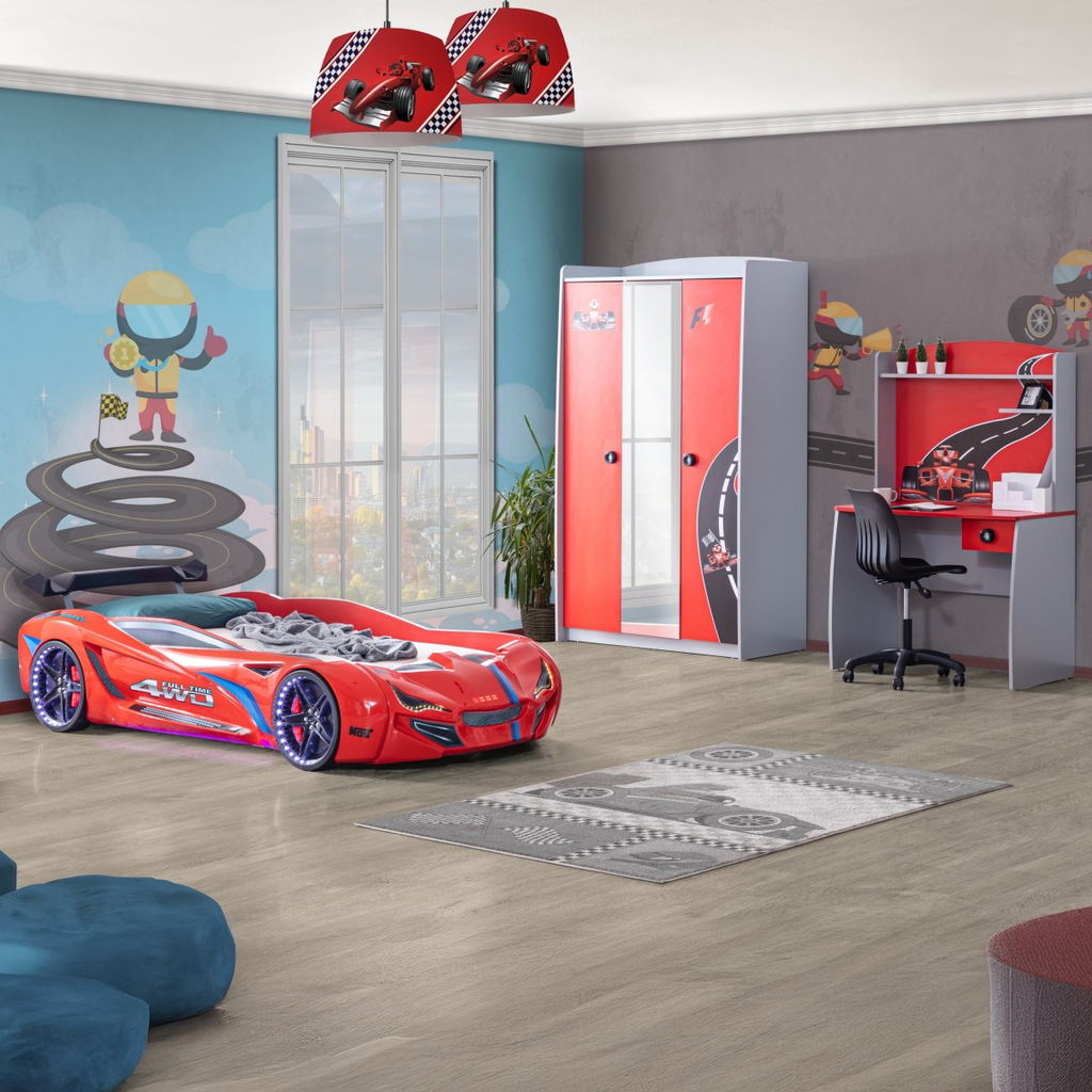 Red Formula Speed Racer bed with blue accents in the Speed Racer Desk collection