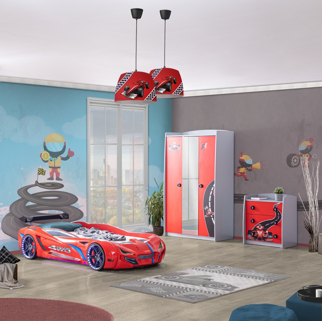 Red race car-shaped Formula Speed Racer Bed with blue accents for kids’ bedroom decor