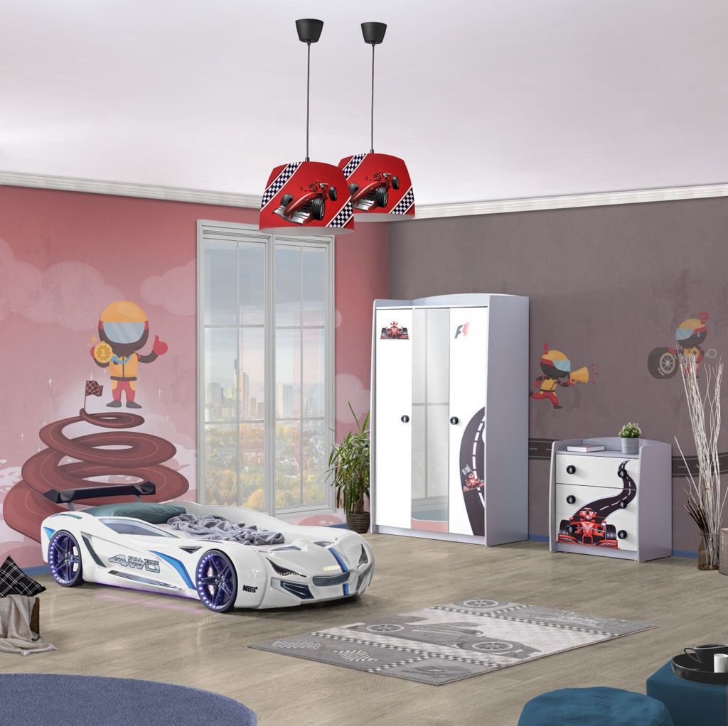 White race car-shaped bed with blue accents from the Formula Speed Racer Dresser collection