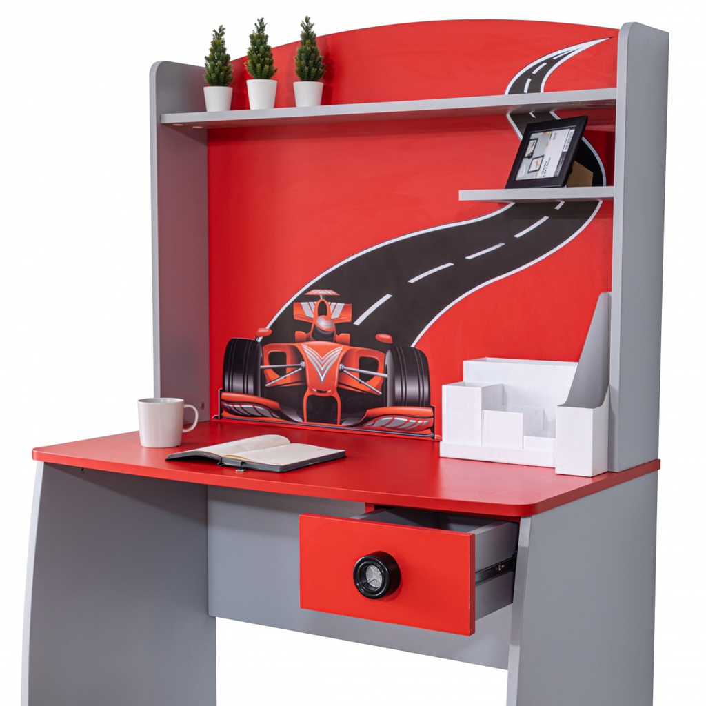 Red and gray Formula Speed Racer Desk with racing car motif for kids