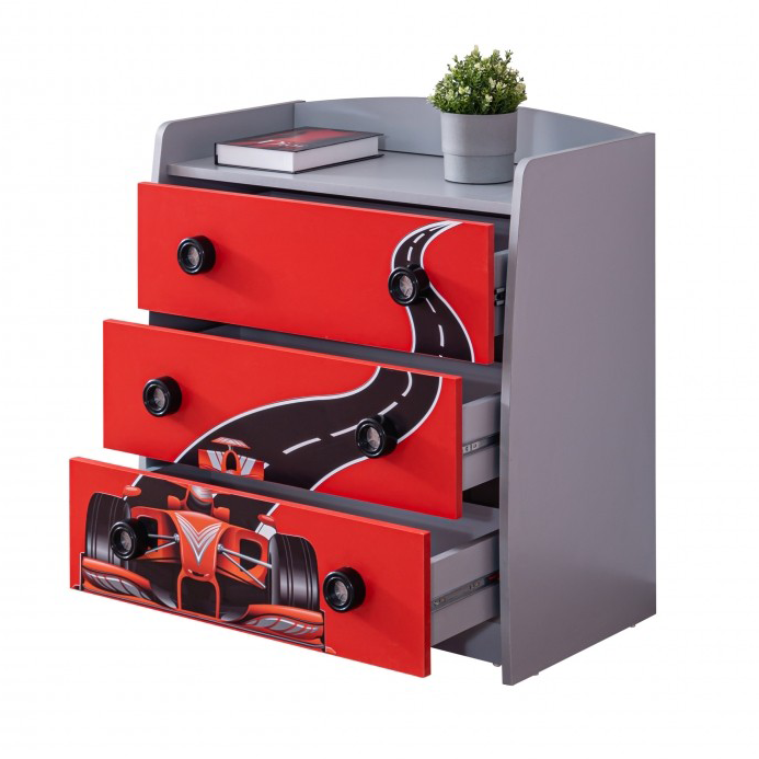 Formula Speed Racer dresser with three drawers featuring race car and road motifs