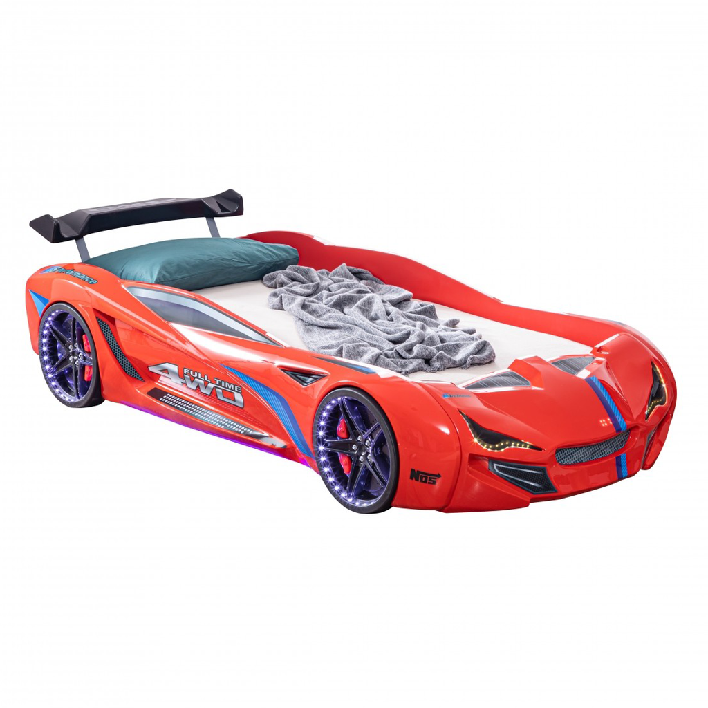 Formula Speed Racer Bed featuring a red race car design with illuminated wheels and blue accents