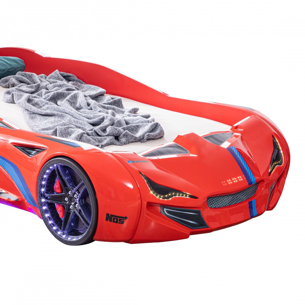 Red Formula Speed Racer Bed with glowing wheels and headlights for kids’ race car bedroom