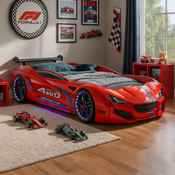 Red Formula Speed Racer Bed with glowing wheels, perfect for young race car fans