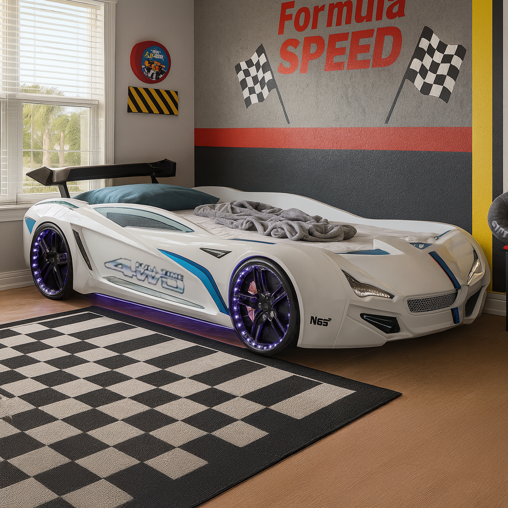White Formula Speed Racer Bed with blue accents and illuminated wheels for kids