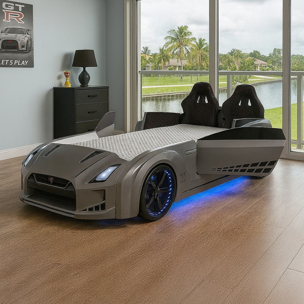 Gray GTR Racer Bed shaped like a race car with glowing blue undercarriage lights