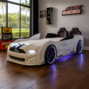 Muscle Racer Bed featuring a white race car design with blue underglow lighting and racing seats