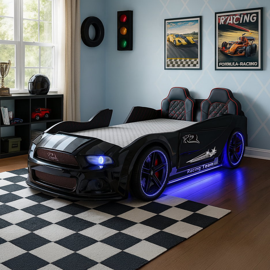 Black muscle racer bed with blue underglow lighting, perfect car bed for kids