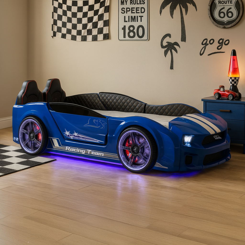 Blue Car Bed with Glowing Wheels and Under-Lighting for Muscle Racer Bed Collection