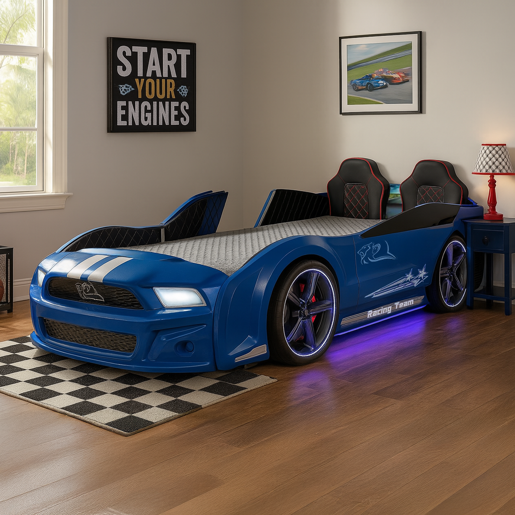 Blue Muscle Racer Bed shaped like a car with racing stripes and illuminated wheels