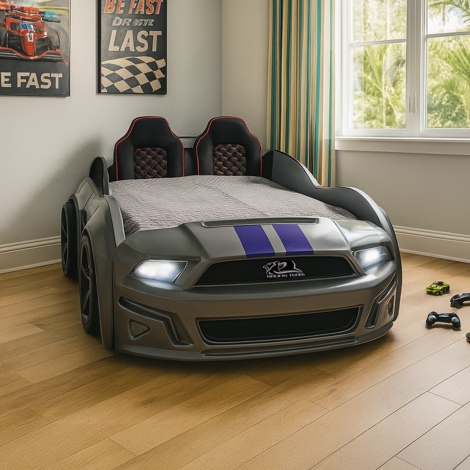 Gray muscle racer bed with purple stripes and black bucket seat headboard for kids