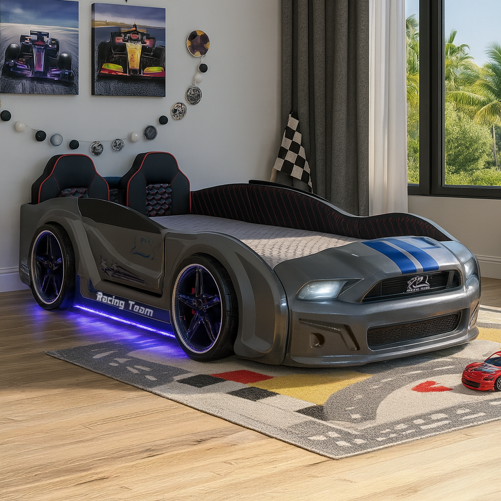 Gray muscle racer bed with blue racing stripes, working headlights, and underglow lighting