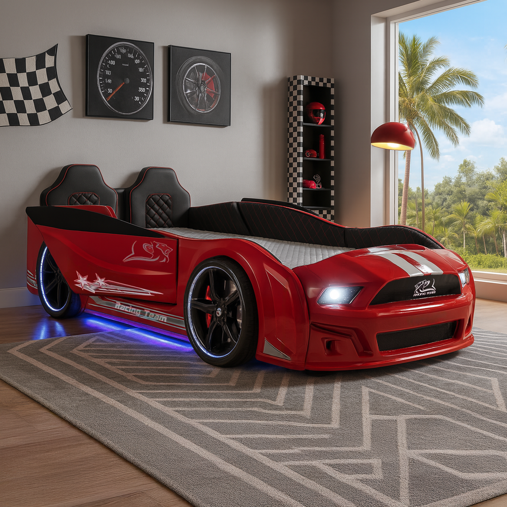 Red Muscle Racer Bed shaped like a race car with white stripes and underglow lighting