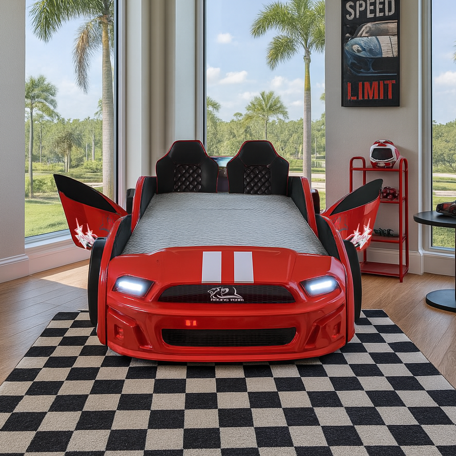 Red muscle racer bed with white racing stripes and working headlights for kids
