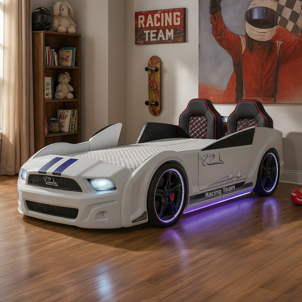 White muscle racer car bed with blue racing stripes and illuminated wheels for kids