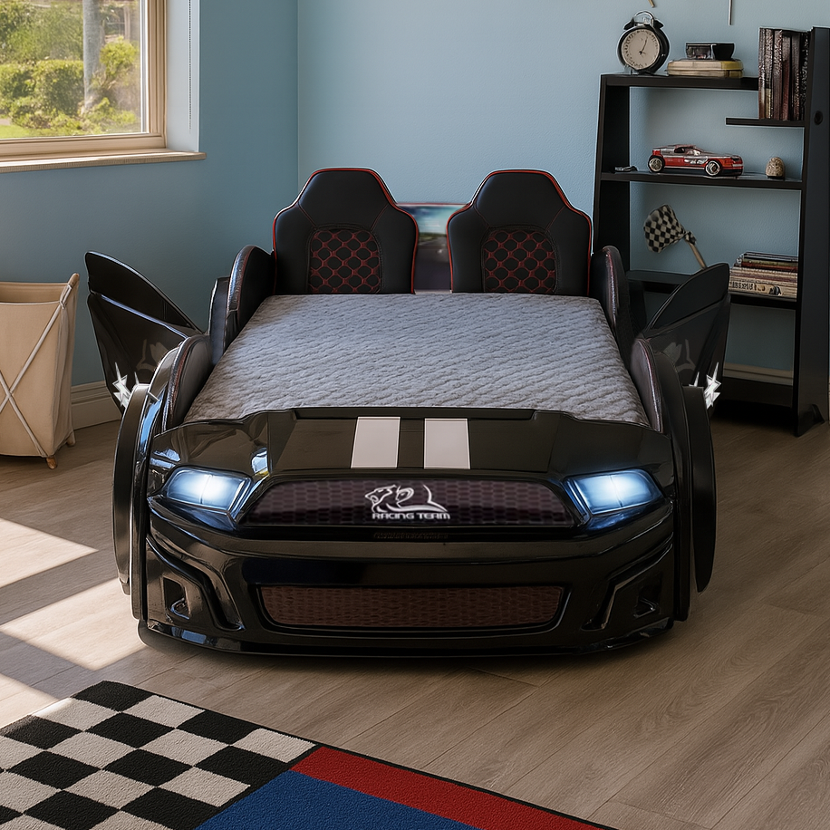 Black Muscle Racer Bed with functioning headlights and openable car doors for kids