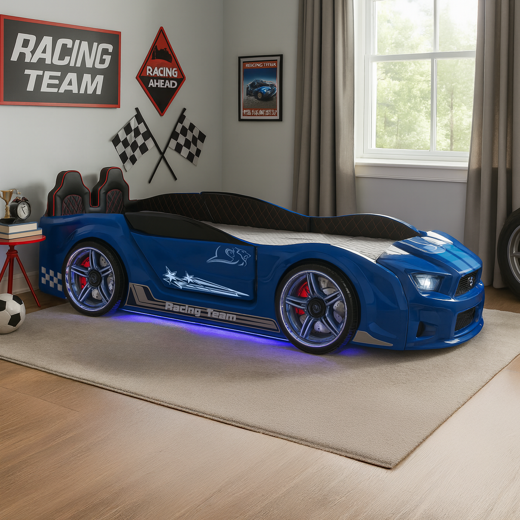 Muscle Racer Bed featuring a blue car bed for kids with illuminated wheels and underglow