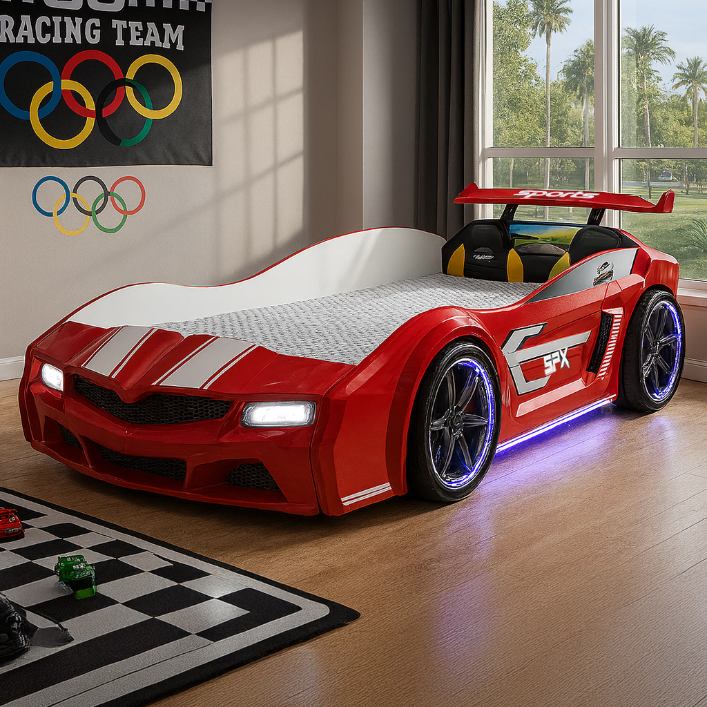 Red Thunder Racer Bed for kids with working headlights and underglow from Lynda Kids