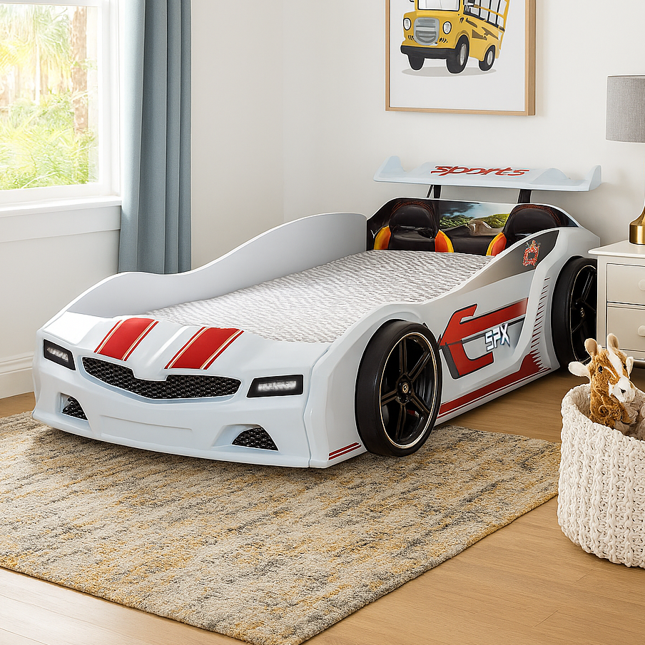 Thunder Racer Bed for Kids white race car-shaped bed with red stripes and spoiler
