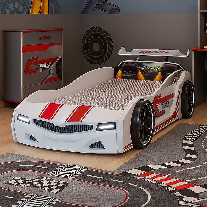 White race car-shaped Thunder Racer Bed with red racing stripes for kids’ racer bed decor