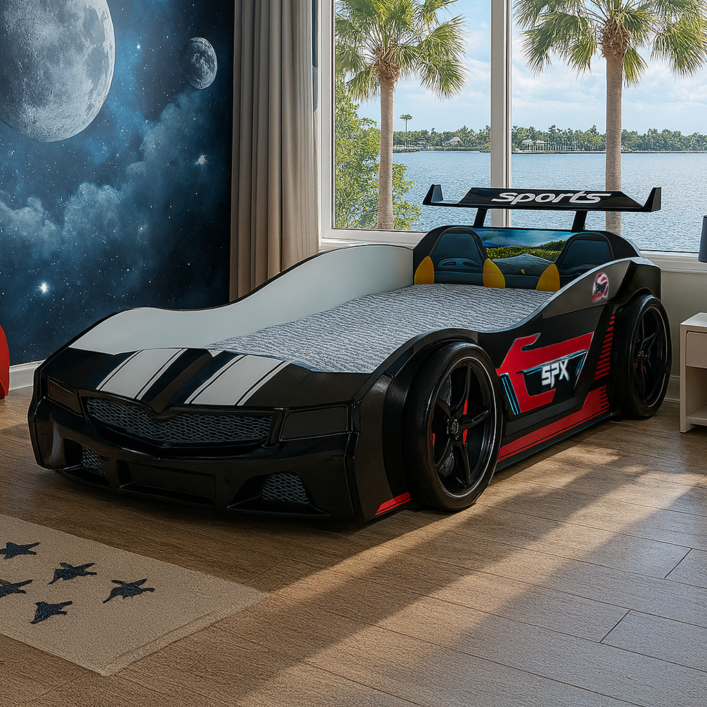 Black and red Thunder Racer Bed with white racing stripes, perfect racer bed for kids