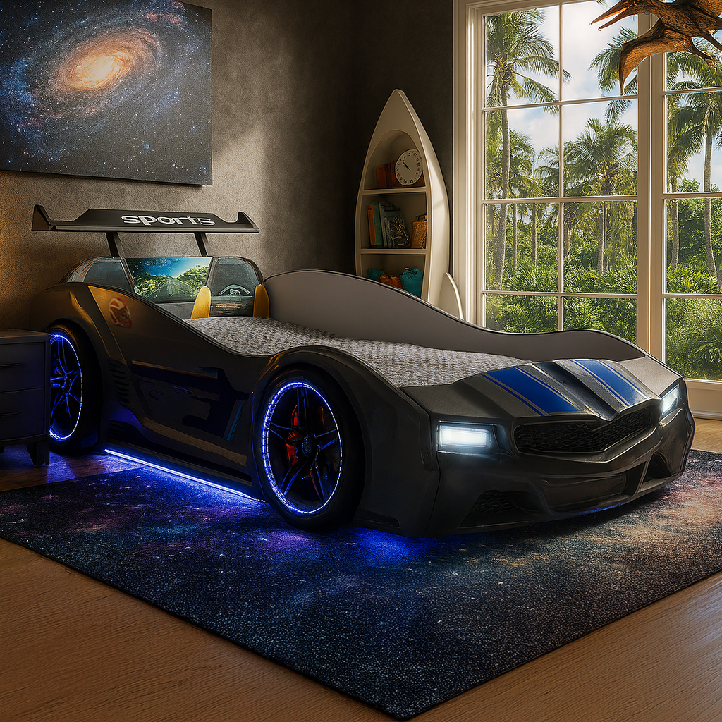 Black and blue Thunder Racer Bed with glowing blue lights, perfect racer bed for kids