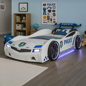 White Thunder Police Car Bed with blue accents and glowing lights for kids’ police car bed