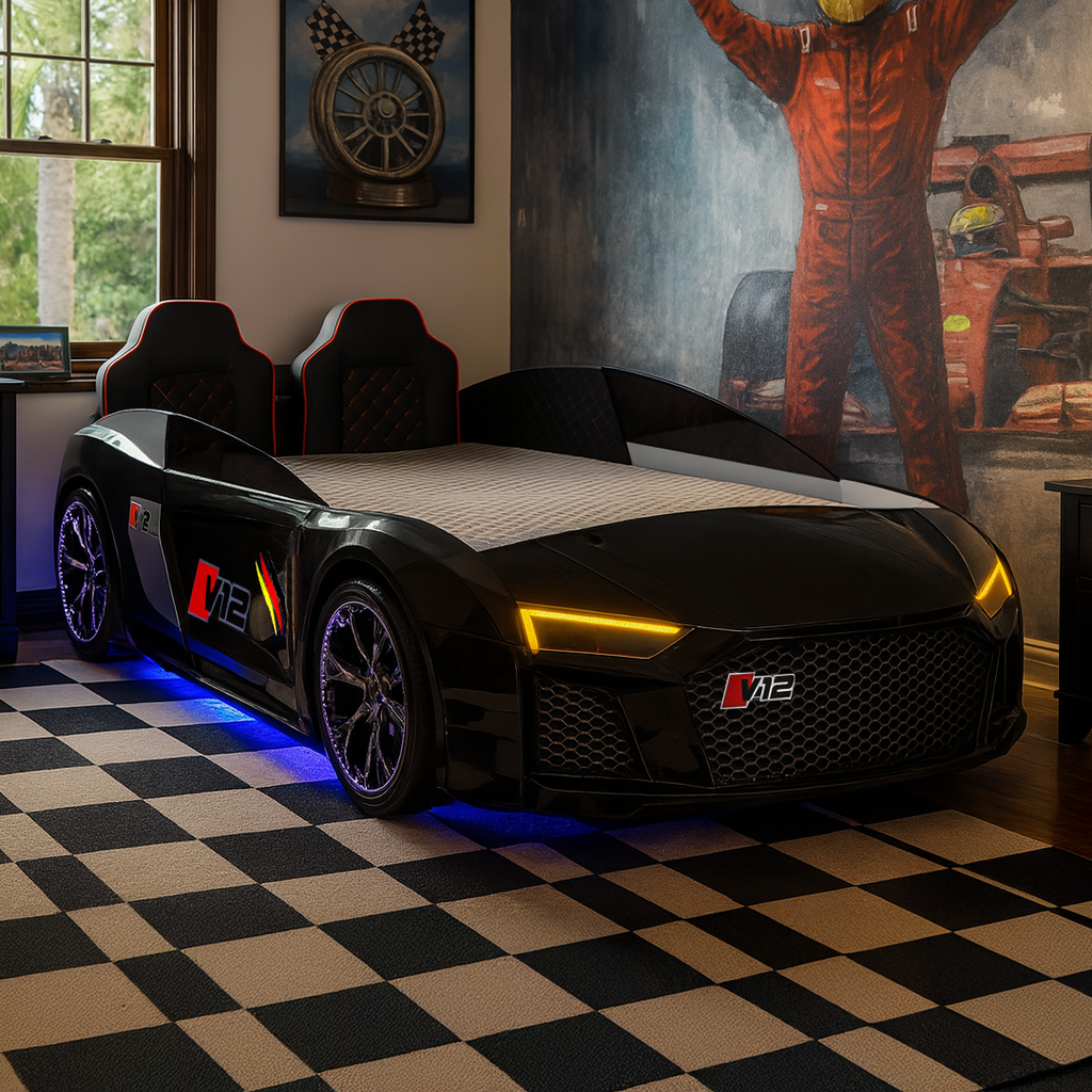 Black V12 Racer Bed with yellow headlights and blue underglow lighting for kids room