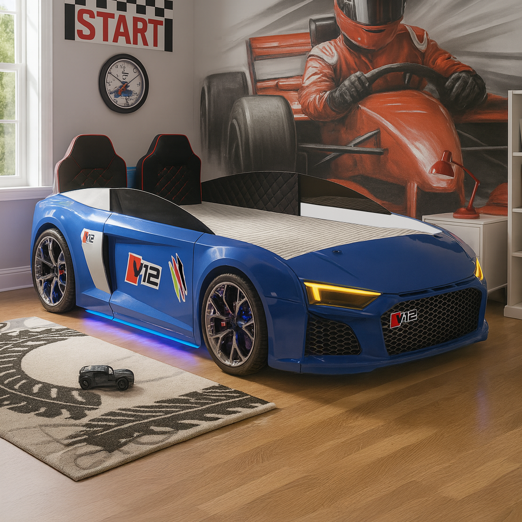 Blue V12 Racer Bed with glowing undercarriage lights for Lynda Kids racing bedroom