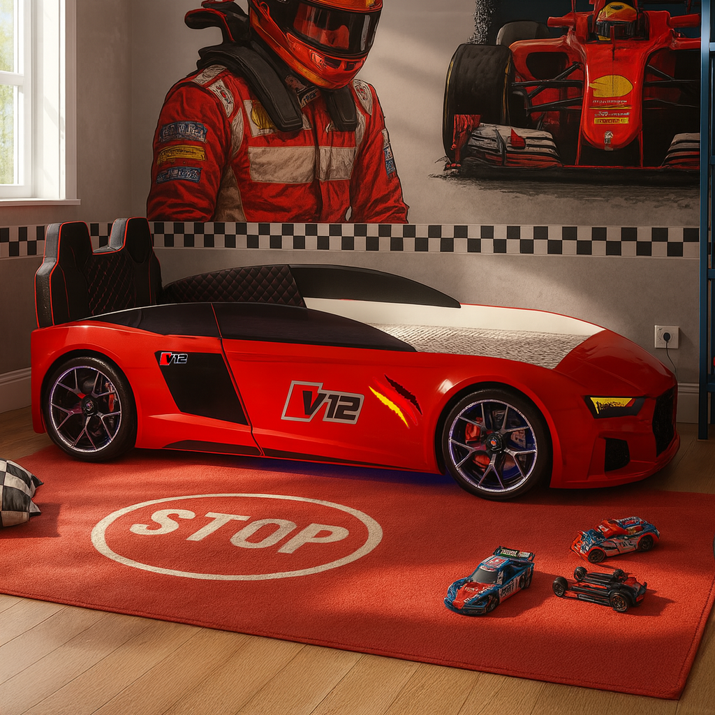 V12 Racer Bed for Kids red race car-shaped bed with black accents and V12 branding