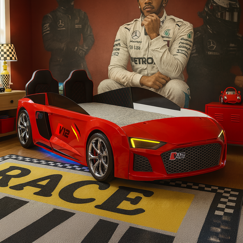 V12 Racer Bed for Lynda Kids featuring a red car shape with glowing headlights