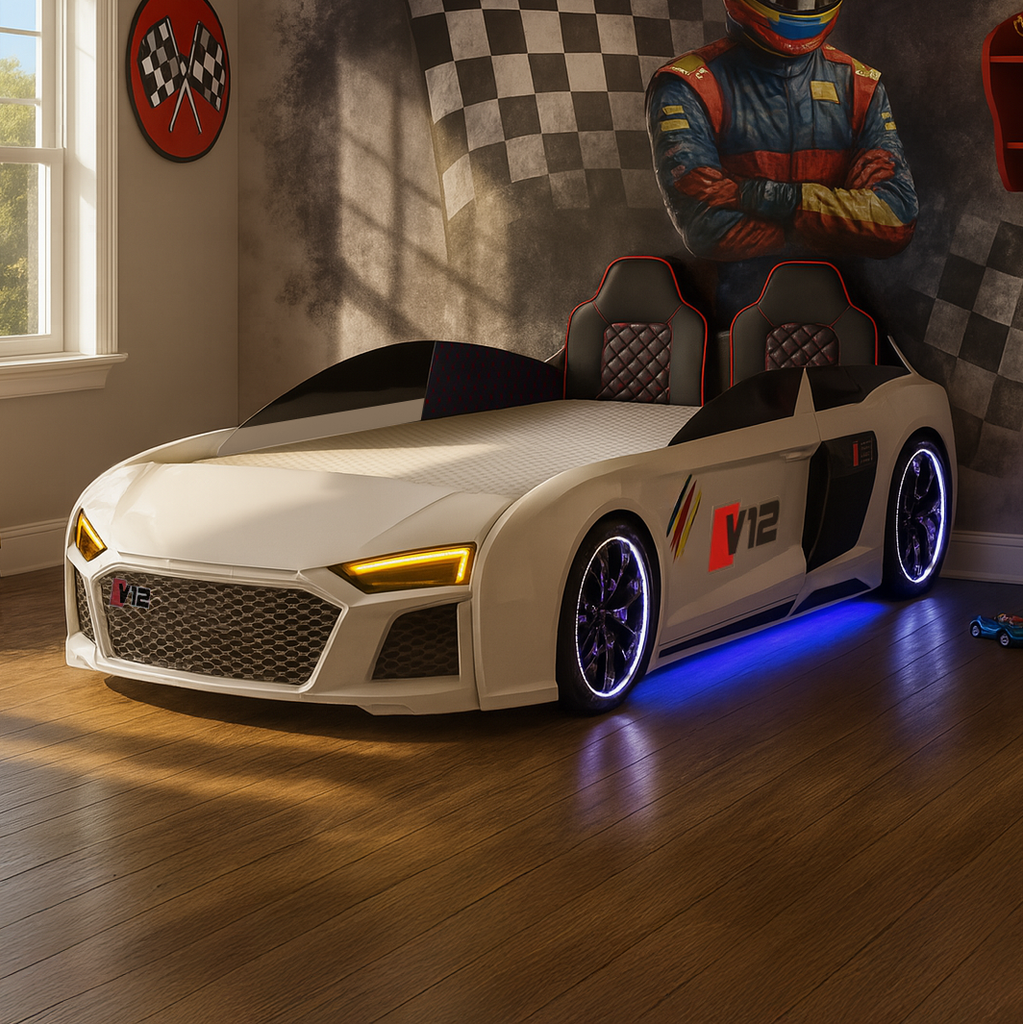V12 Racer Bed white car-shaped bed frame with headlights and underglow lighting for kids