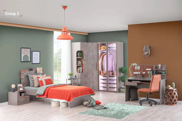 Modern bedroom with Ares Set 3 featuring vibrant orange duvet gray wardrobe and desk