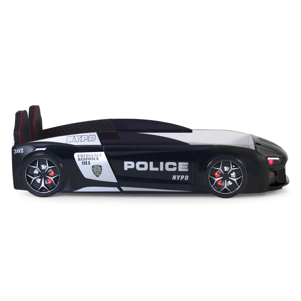 Black and white V12 Police Car Bed with red accents, perfect for kids’ car bed decor