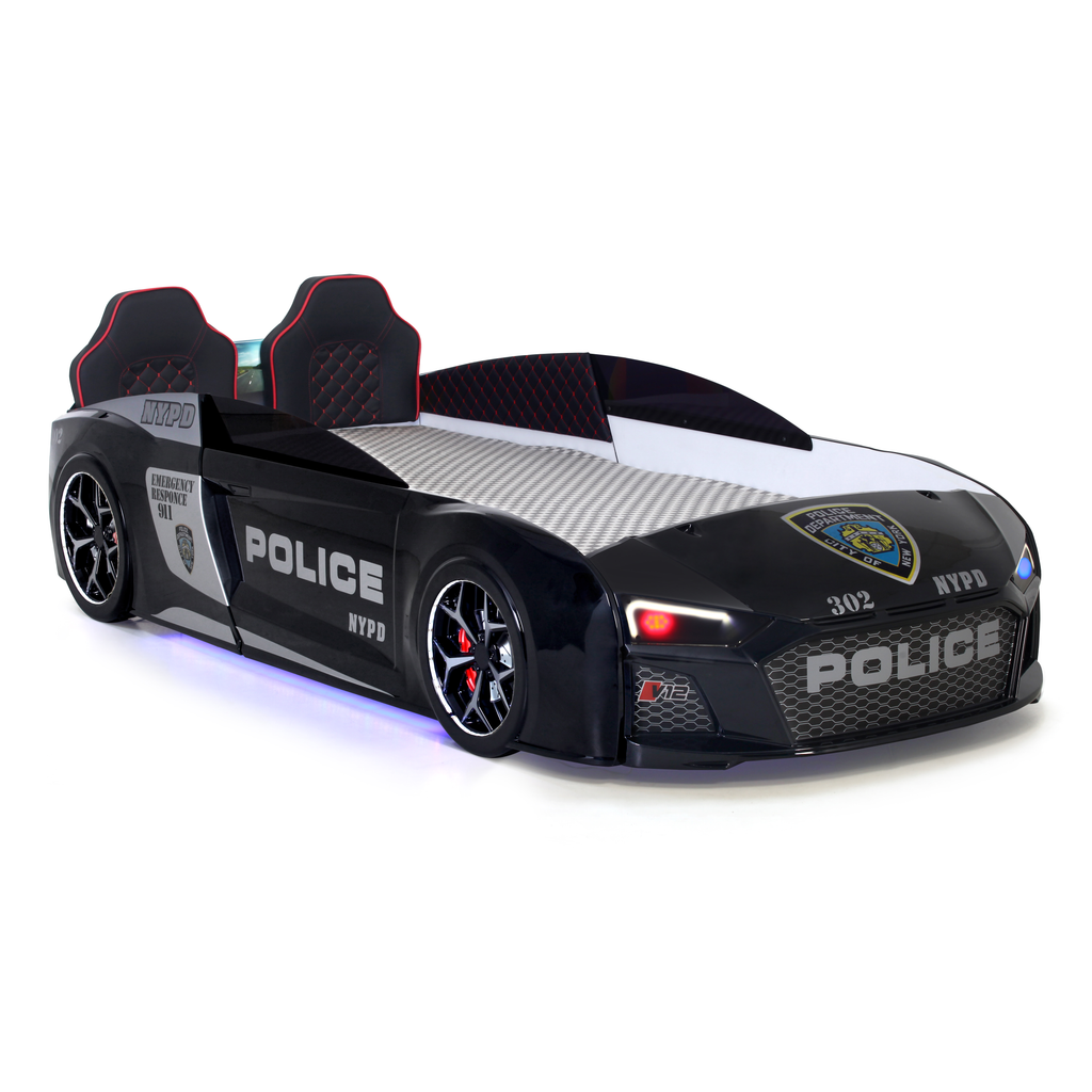 Black V12 Police Car Bed with red and black accents, perfect for a car bed themed room