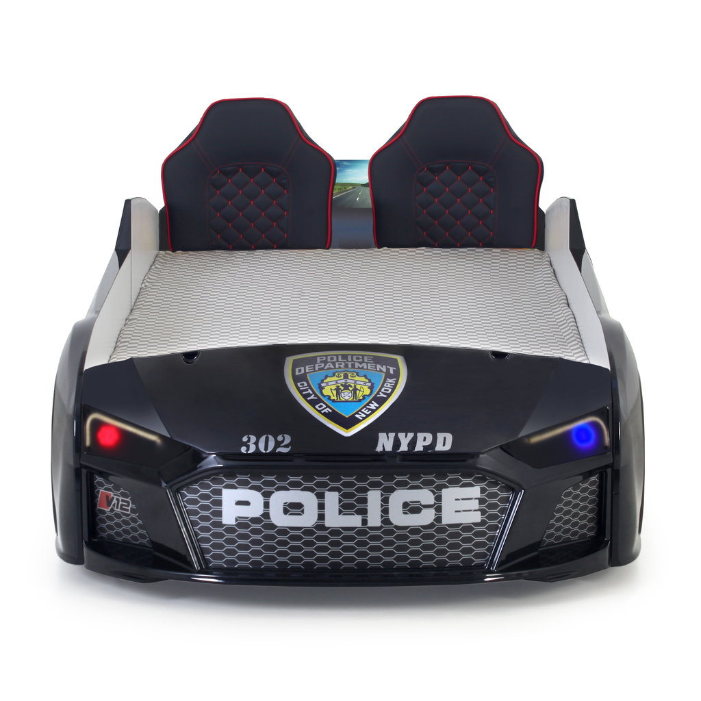 V12 Police Car Bed with black police car design and red blue LED lights for kids