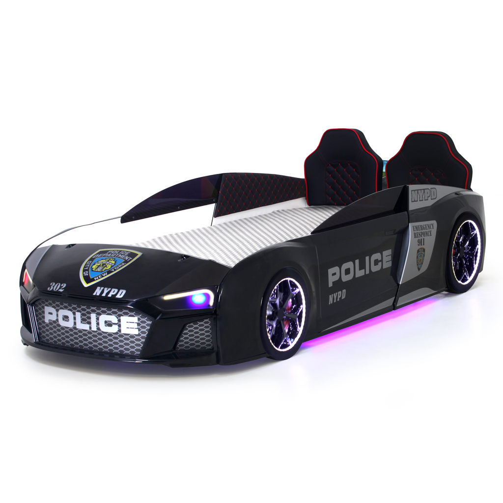 Black V12 Police Car Bed with Purple LED Lights for Kids’ V12 Police Car Bedroom