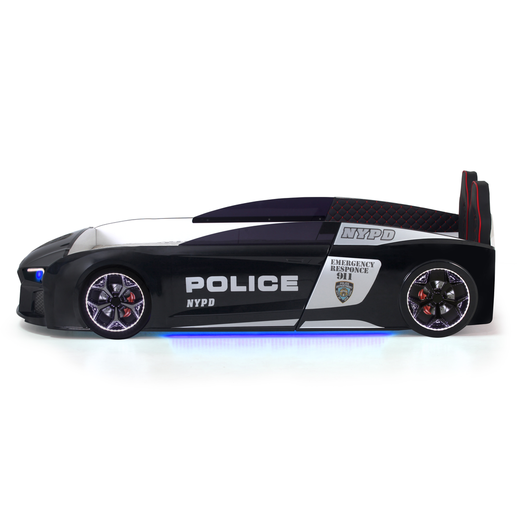 V12 Police Car Bed with black and white police car shape and blue underglow lighting