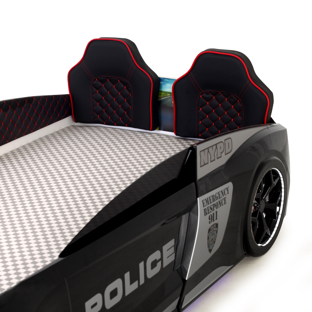 V12 Police Car Bed for Kids resembling a black police car with gray and red accents
