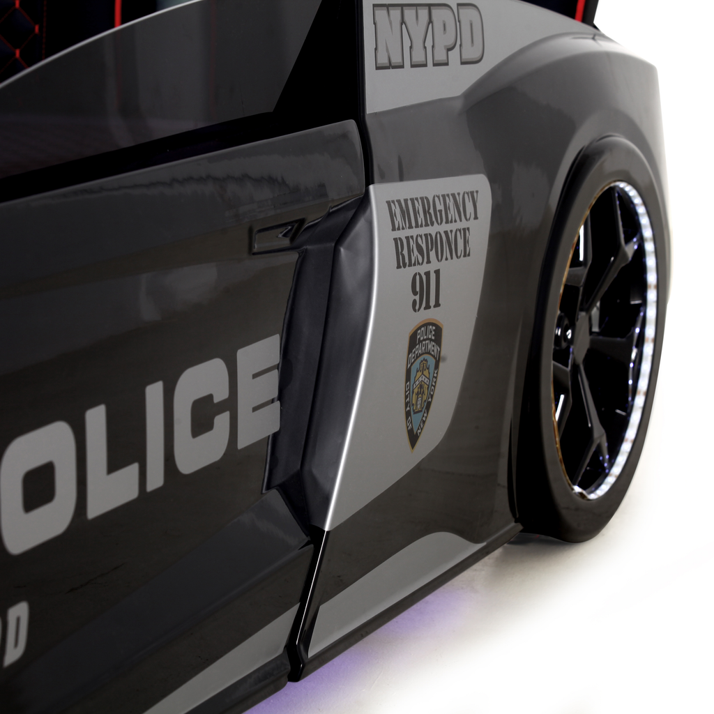 V12 Police Car Bed with illuminated wheels, black and grey police car design