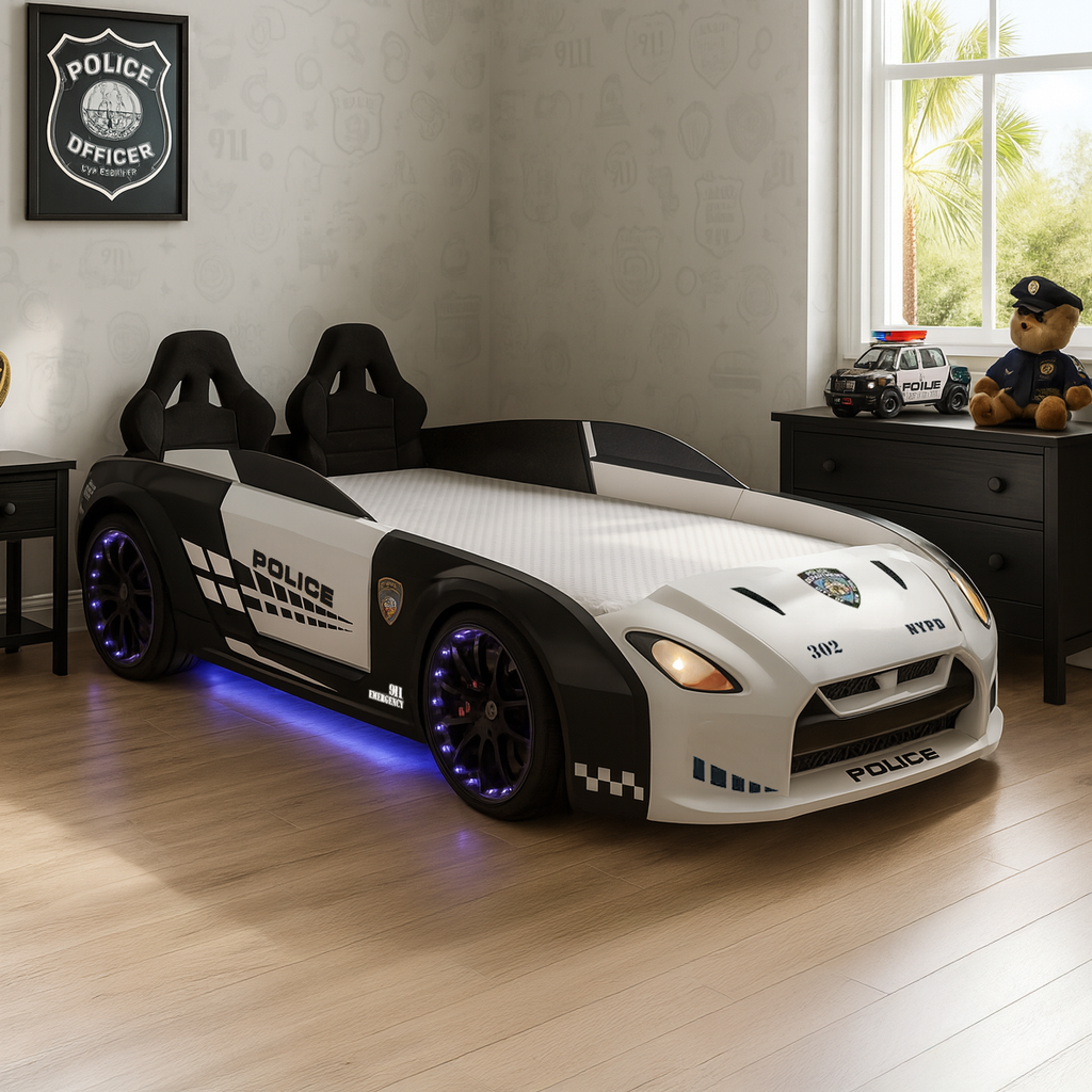 GTR Police Car Bed for kids showcasing a police car bed design with police car theme