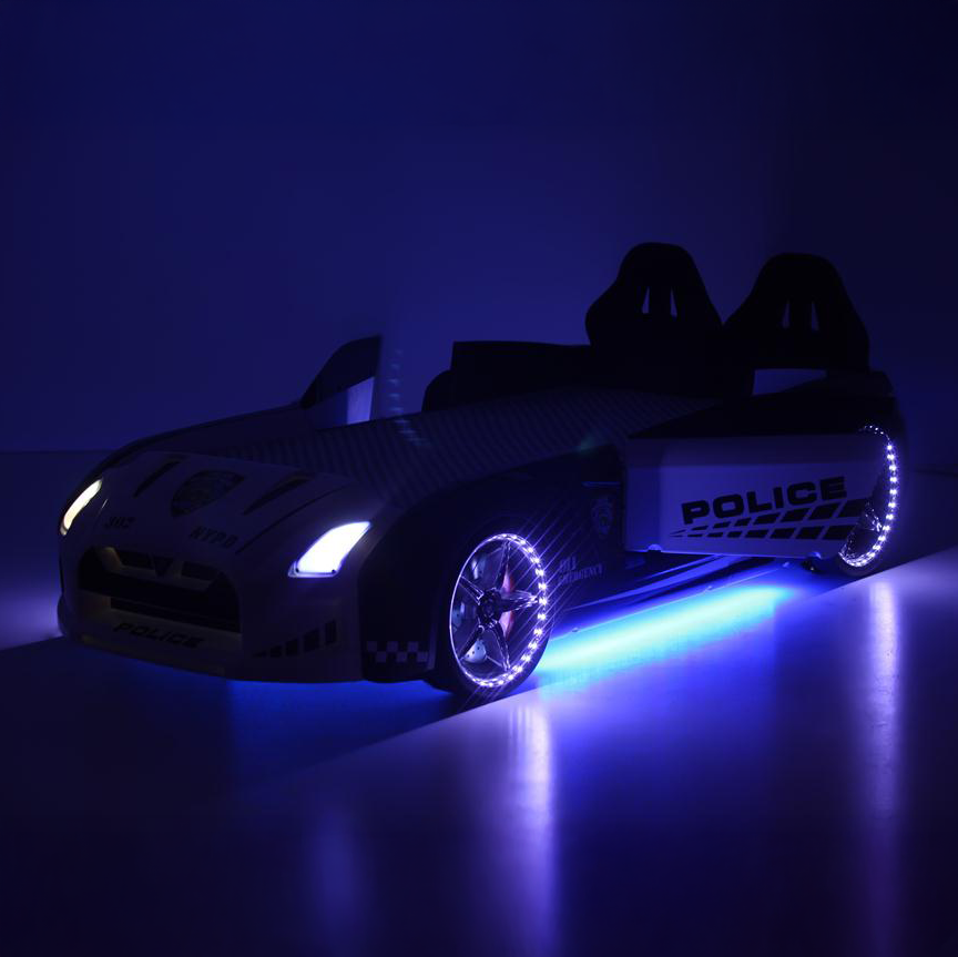 Illuminated GTR Police Car Bed showcasing a police car bed design for kids