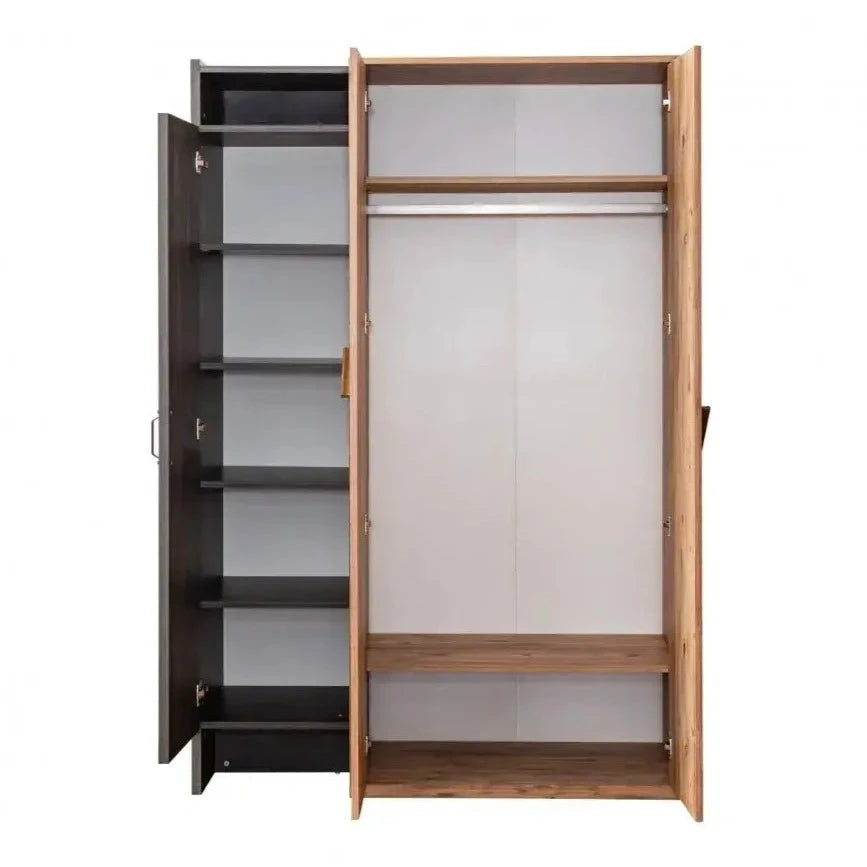Open antique armoire with dark brown shelves and lighter wood hanging rail for Lynda Kids