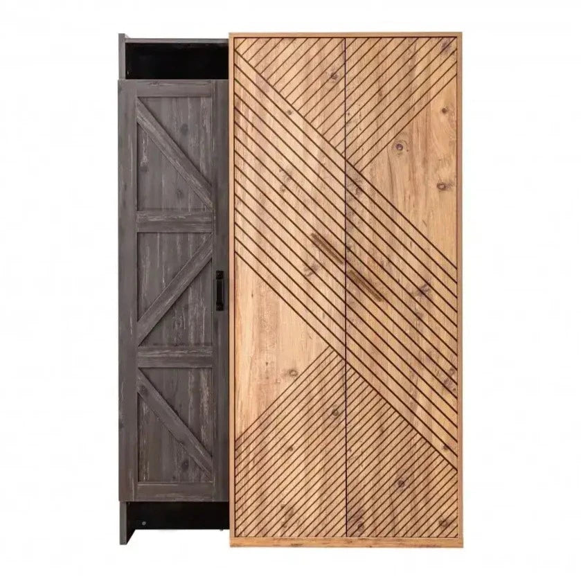 Antique Armoire with two-tone wood finish, sliding barn door style, and geometric patterns