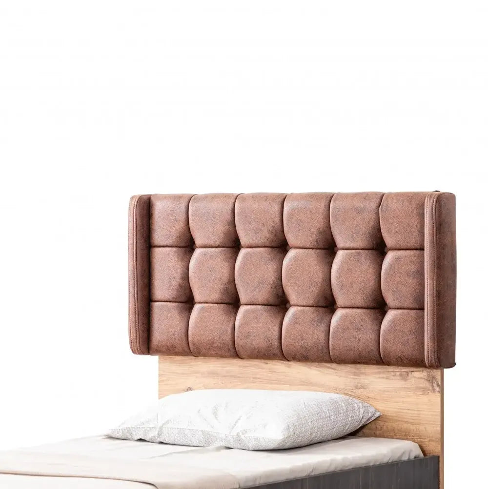 Antique Bed with tufted brown leather headboard and winged sides, ideal for Lynda Kids