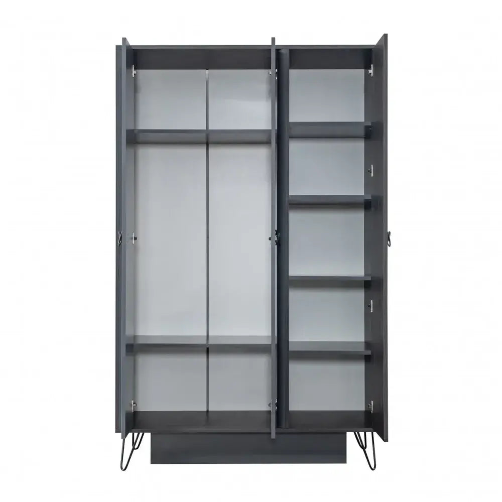 Open black armoire with hanging rail and shelves, ideal for Lynda Kids storage