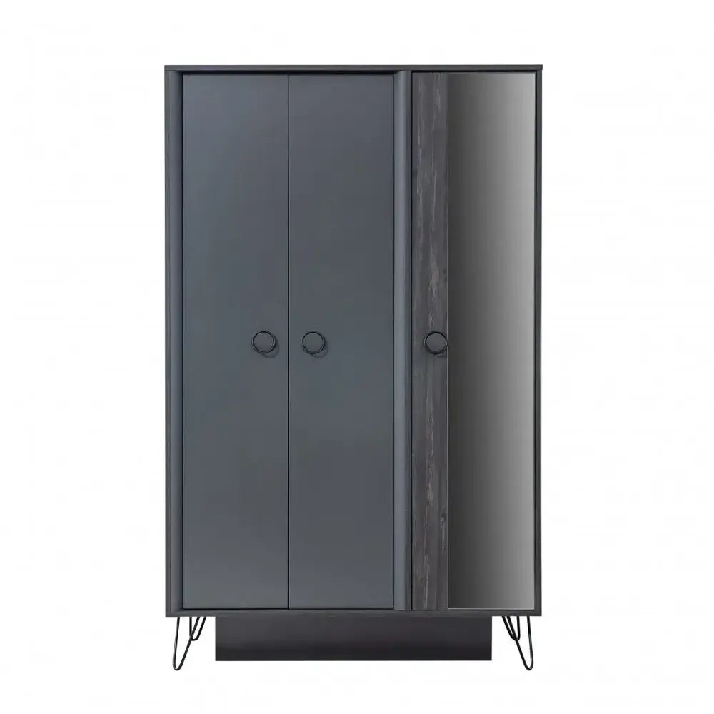 Black Armoire with mirrored door, black handles, and metal legs, ideal for Lynda Kids