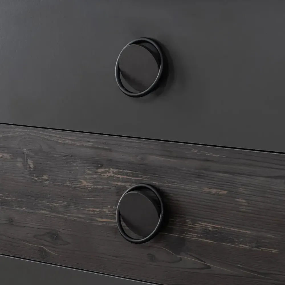 Black Dresser with two drawers, one dark gray and one distressed dark wood grain, Lynda Kids