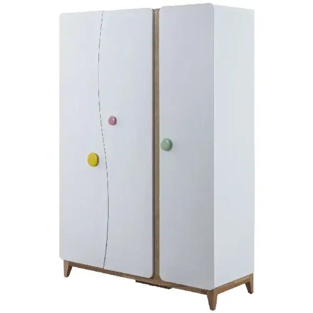 Bonita Armoire by Lynda Kids featuring white finish, colorful handles, and wooden legs