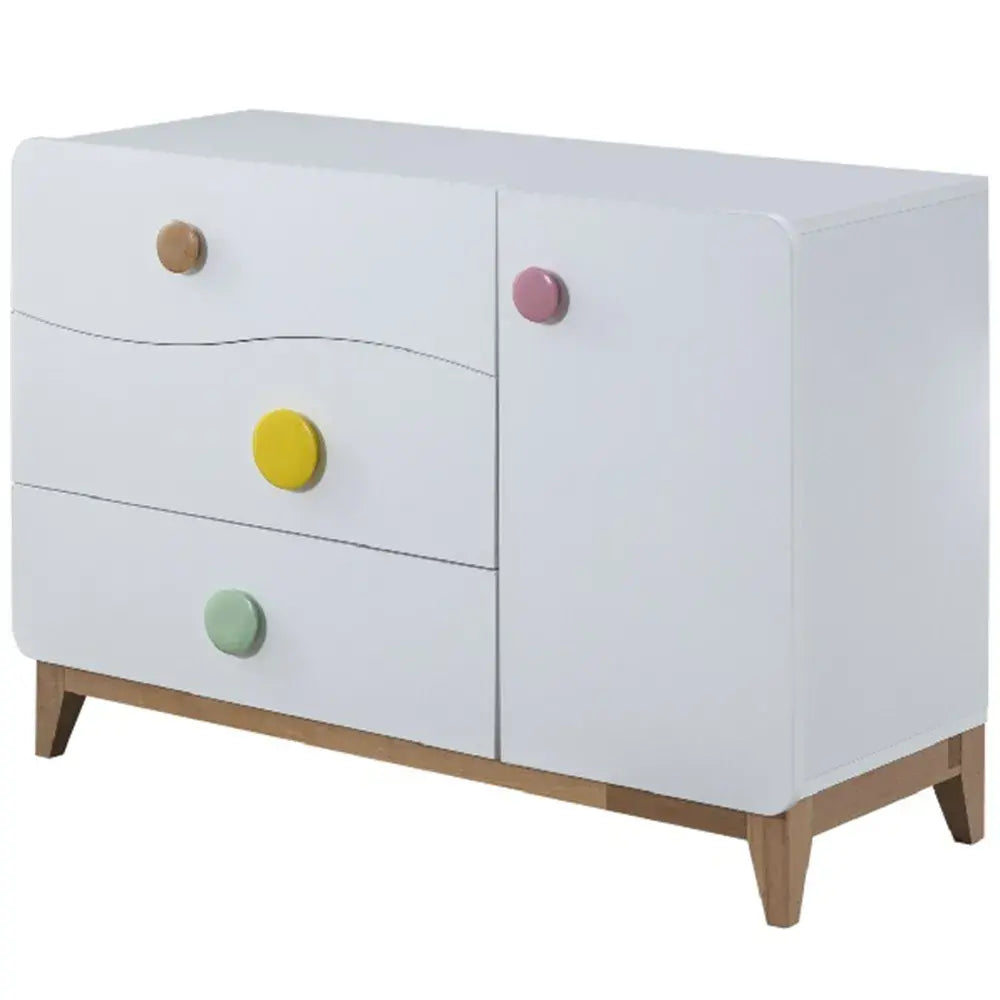 Bonita Dresser by Lynda Kids with colorful knobs, white finish, three drawers, and wooden base